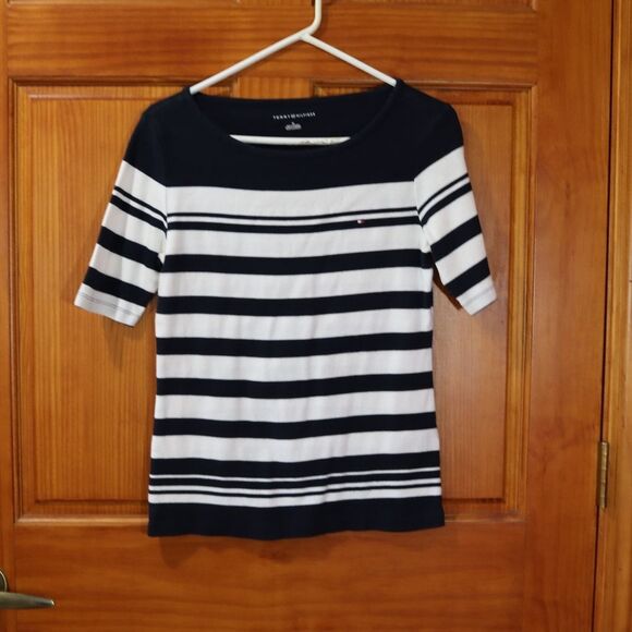 Tommy Hilfiger Striped Boat Neck Blouse Medium - Navy White Short Sleeve Top - Picture 2 of 8
